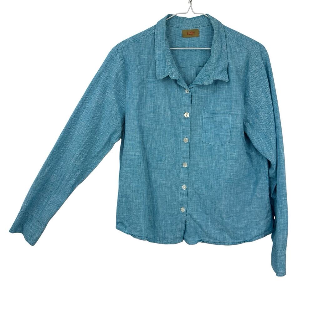 Tulip Clothing Women Button Up Shirt Small Blue Micro Gingham Cotton Resortwear